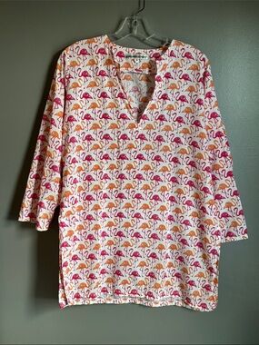 Barbara Gerwit flamingo print V-neck tunic top shirt * sz MED *